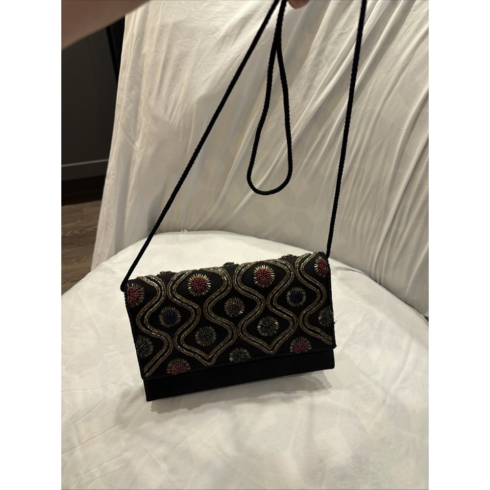 Vintage Carla Marchi Beaded Evening Clutch Black Satin Shoulder Bag - Picture 6 of 10